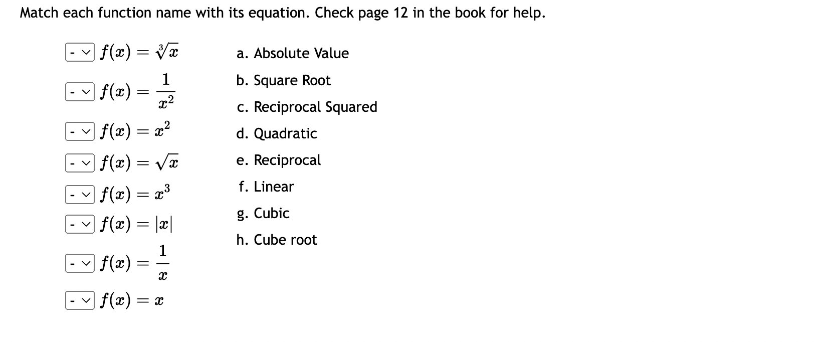 Solved Match Each Function Name With Its Equation Check