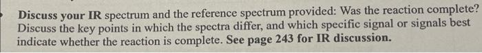 Discuss your IR spectrum and the reference spectrum provided: Was the reaction complete? Discuss the key points in which the 