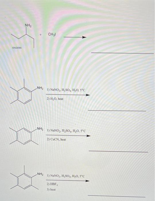 NH2 CHE! excess NH2 1) NaNO, H,SO, H,0.5°C 2) H20, heat NH2 1) NaNO, H,SO, H,0.5°C 2) CUCN, heat NH2 1) NaNO,, H2SO, H20,5°C