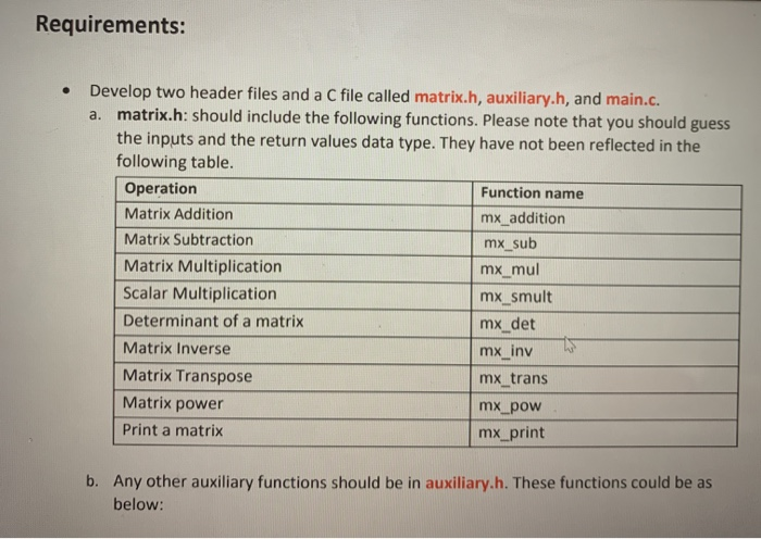Project: A mini C library for matrix operations | Chegg.com