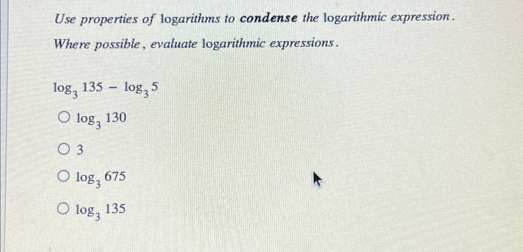 Solved Use properties of logarithms to condense the | Chegg.com