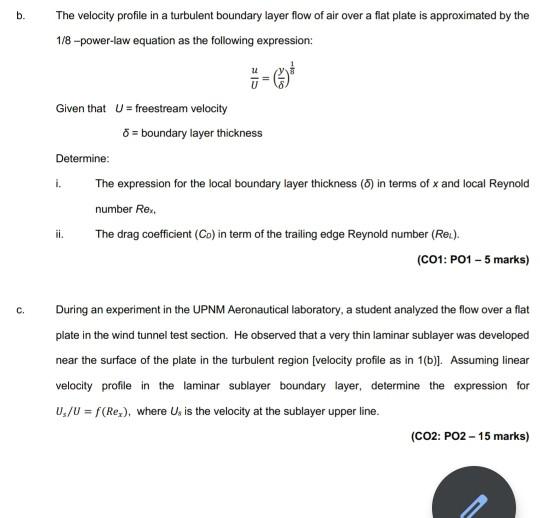Solved b. The velocity profile in a turbulent boundary layer | Chegg.com
