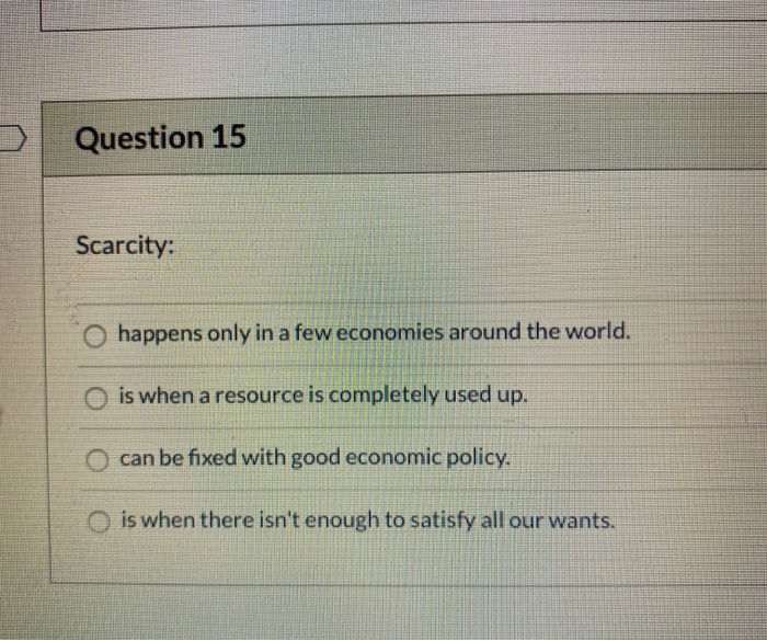 Solved Question 15 Scarcity: O happens only in a few | Chegg.com