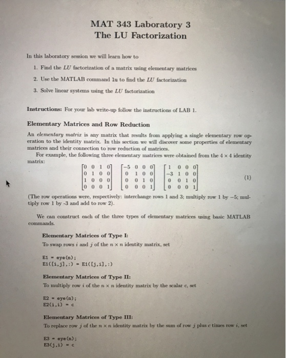 Solved MAT 343 Laboratory 3 The LU Factorization In this | Chegg.com