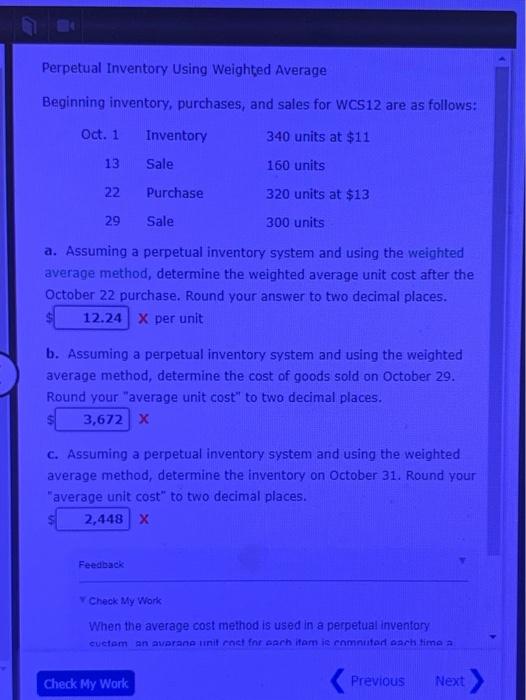 Solved perpetual inventory using weighted average beginning chegg