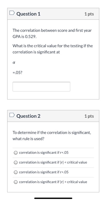 Solved Question 1 1 pts The correlation between score and | Chegg.com