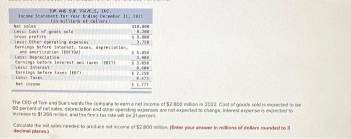 Solved The CEO of Tom and Sue's wants the company to eam a | Chegg.com