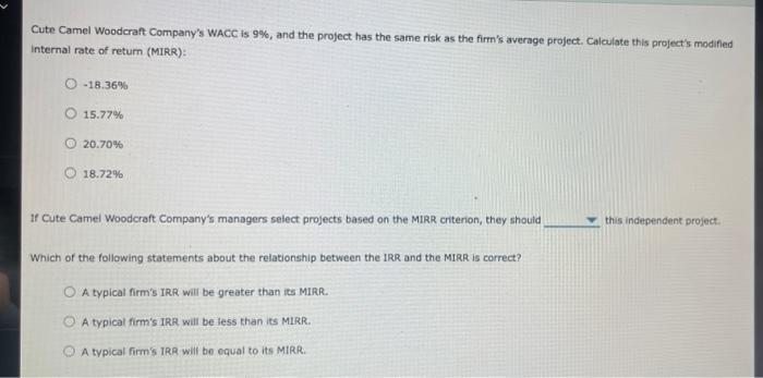 Cute Camel Woodcraft Companys WACC is \( 9 \% \), and the project has the same risk as the firms average project. Calculate