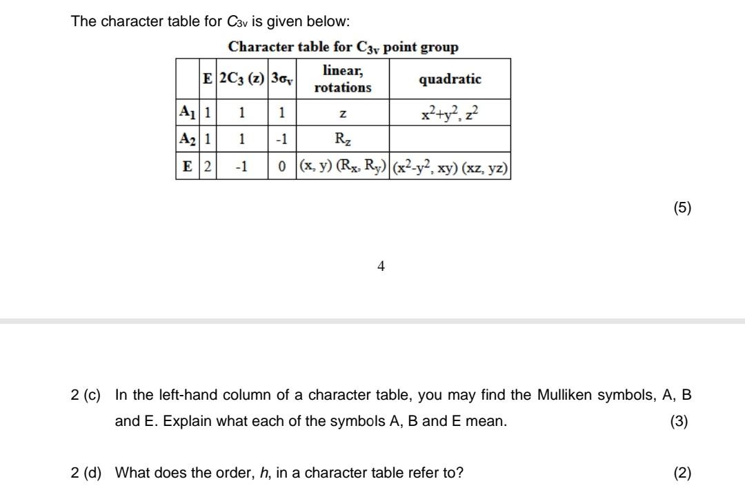 The character table for C3v is given below: Character | Chegg.com