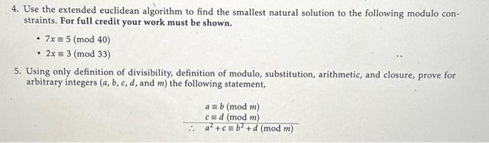 Solved 4. Use the extended euclidean algorithm to find the | Chegg.com