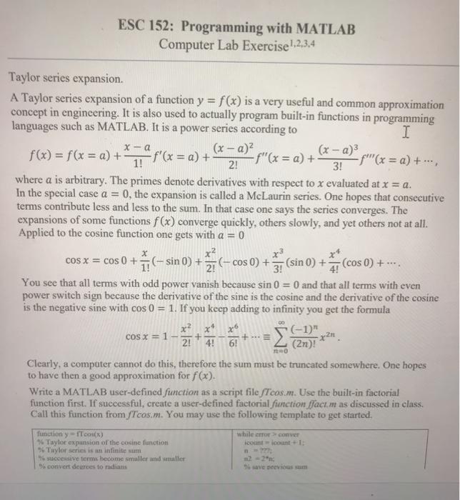 ESC 152: Programming with MATLAB Computer Lab | Chegg.com
