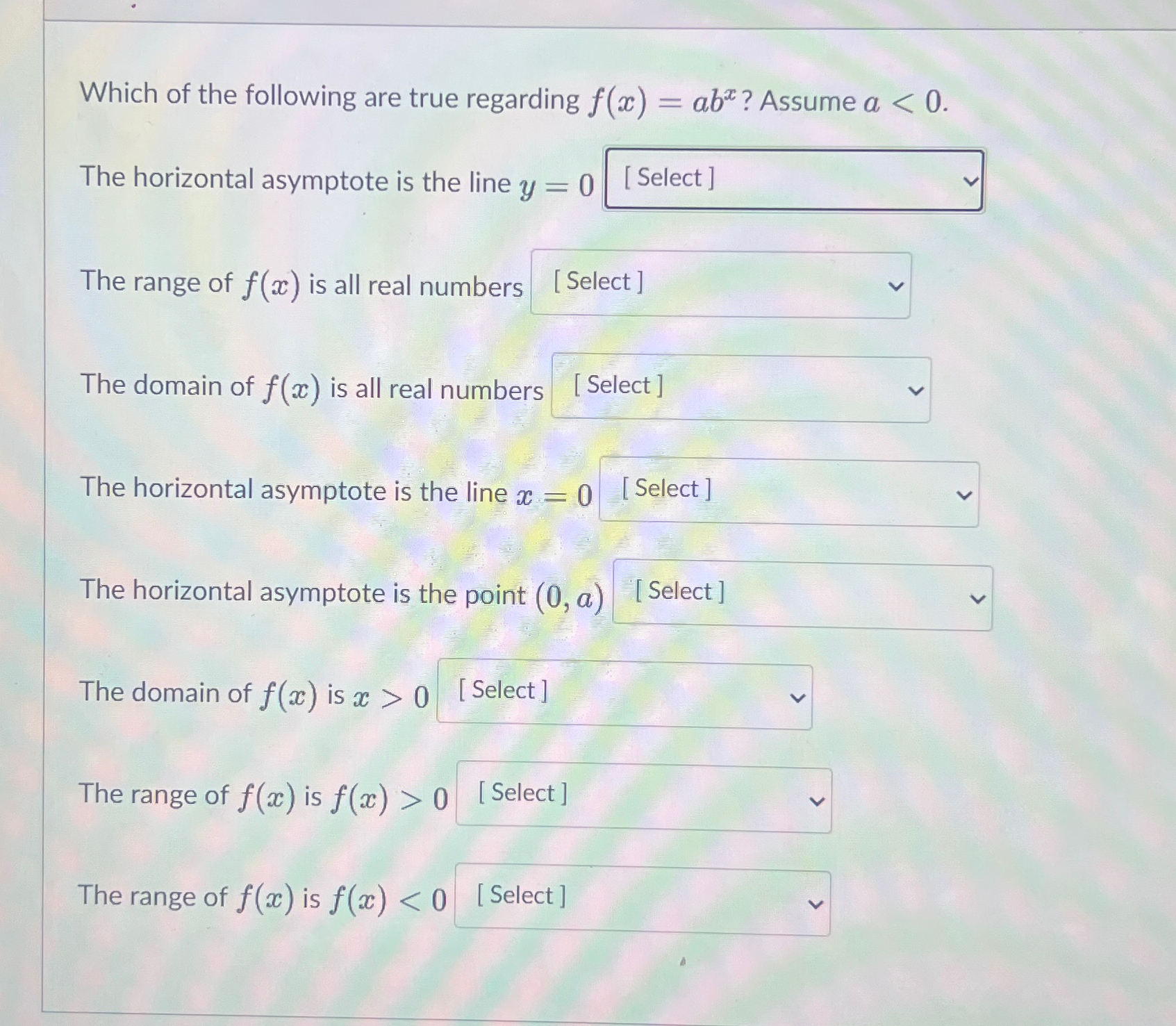 Solved Which of the following are true regarding f(x)=abx ? | Chegg.com