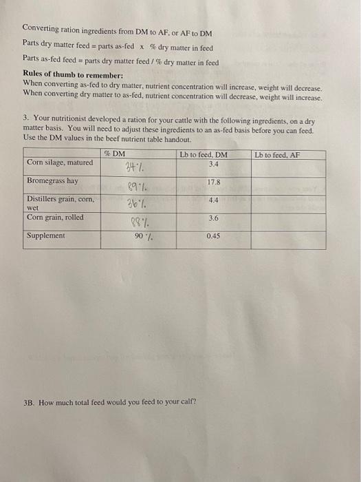 Solved Converting ration ingredients from DM to AF, or AF to