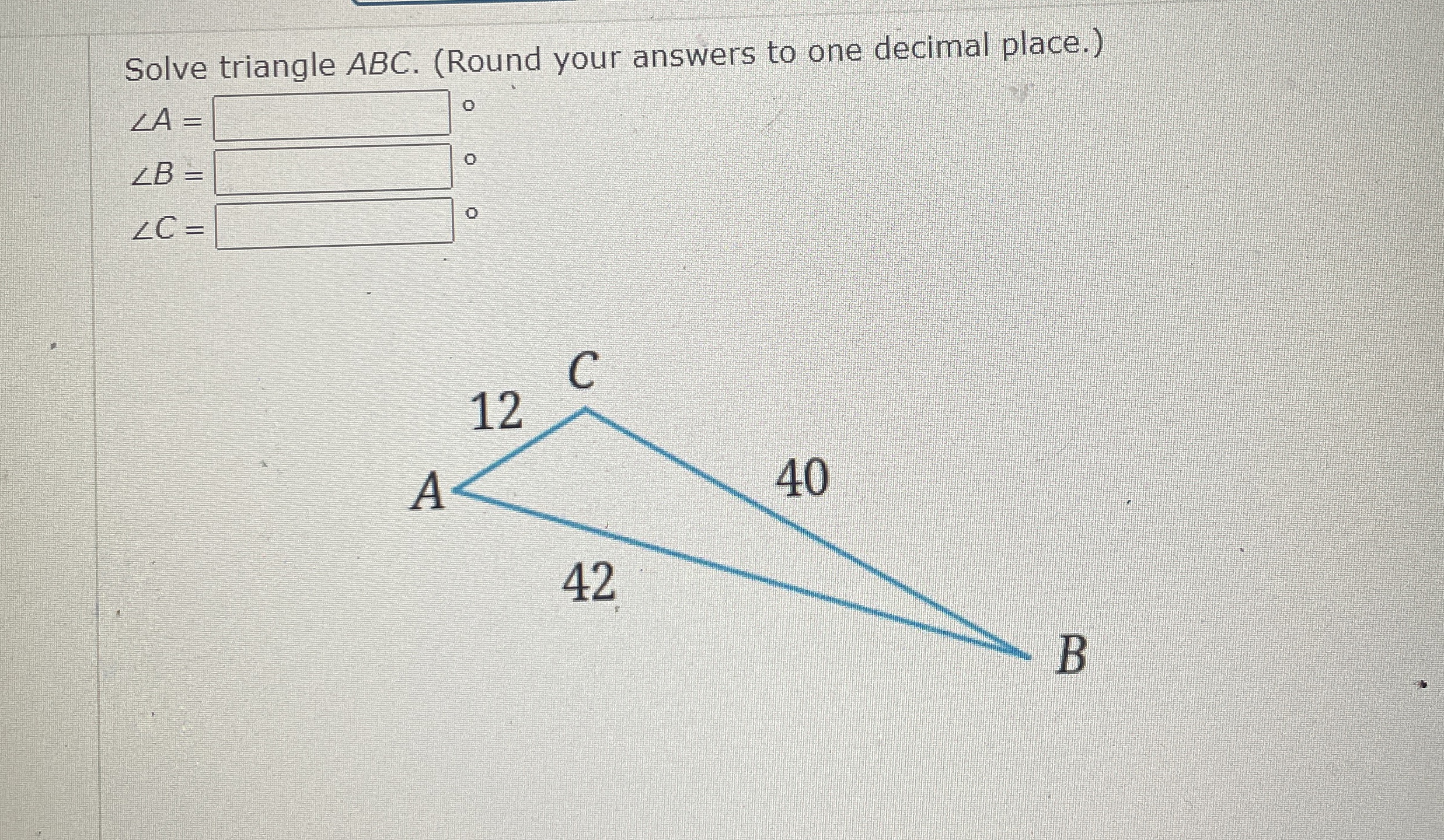 Solved Solve triangle ABC. (Round your answers to one | Chegg.com