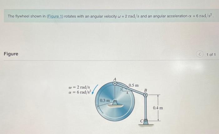The flywheel shown in (Figure 1) rotates with an angular velocity \( \omega=2 \mathrm{rad} / \mathrm{s} \) and an angular acc
