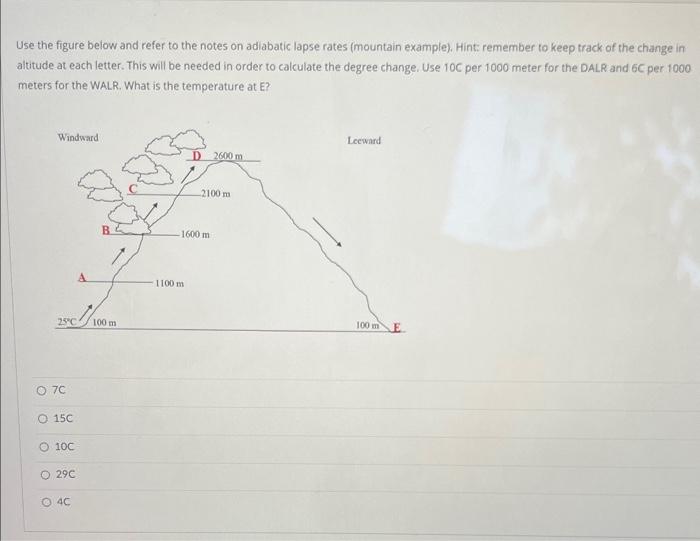 Use the figure below and refer to the notes on adiabatic lapse rates (mountain example). Hint: remember to keep track of the