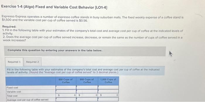 Solved Exercise 1.4 (Algo) Fixed and Variable Cost Behavior | Chegg.com