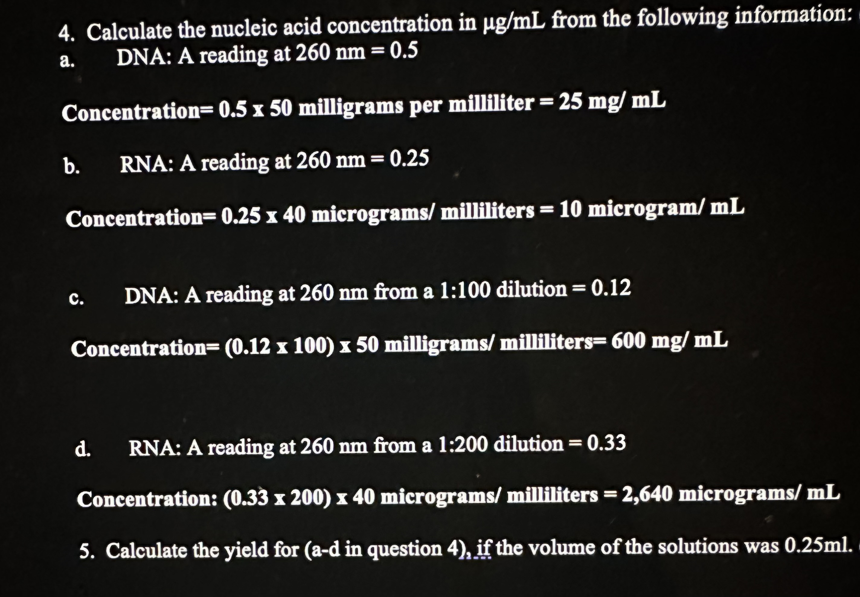 Solved Calculate the nucleic acid concentration in μgmL | Chegg.com