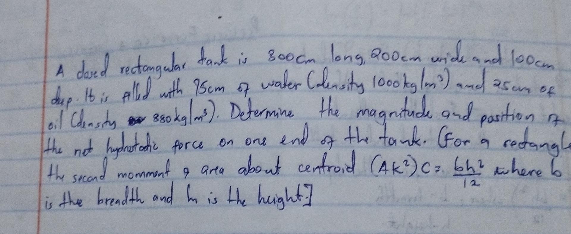 Solved A dosed rectangular tank is 800 cm long, 200 cm wide | Chegg.com