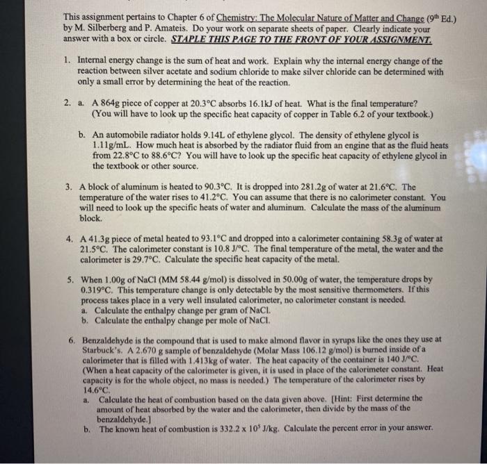 Solved This assignment pertains to Chapter 6 of Chemistry: | Chegg.com