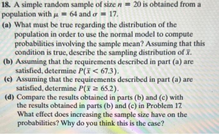 Solved 18. A simple random sample of size n = 20 is obtained | Chegg.com
