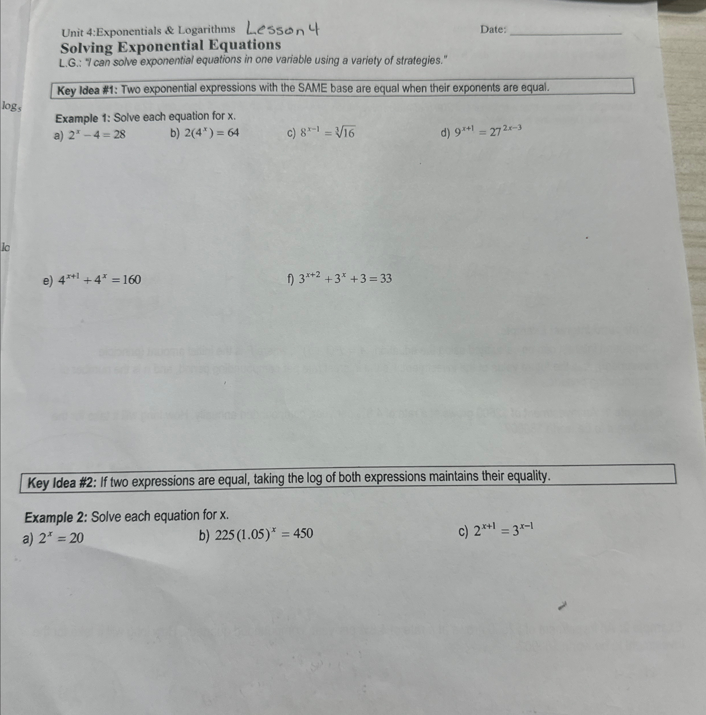 Solved Unit 4:Exponentials & LogarithmsLessan 4DateSolving | Chegg.com