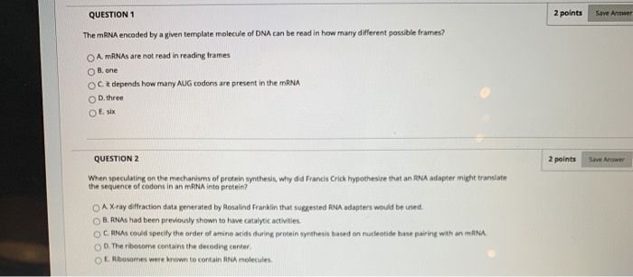 Solved 2 points Save Answer QUESTION 1 The mRNA encoded by a | Chegg.com