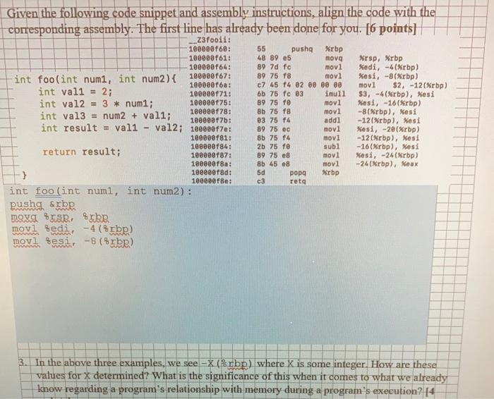 Given the following code snippet and assembly | Chegg.com
