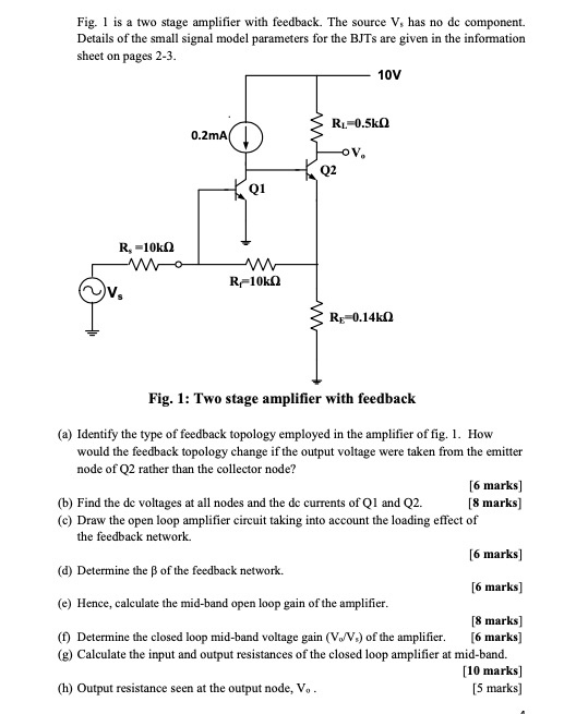Solved Fig. 1 is a two stage amplifier with feedback. The | Chegg.com