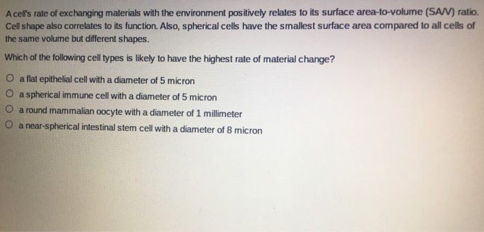 Solved A cell's rate of exchanging materials with the | Chegg.com