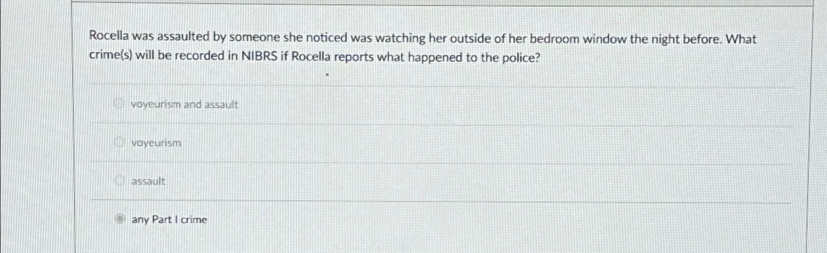 Solved Rocella was assaulted by someone she noticed was | Chegg.com
