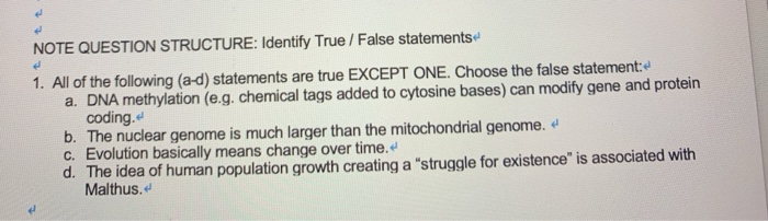 Solved NOTE QUESTION STRUCTURE: Identify True / False | Chegg.com