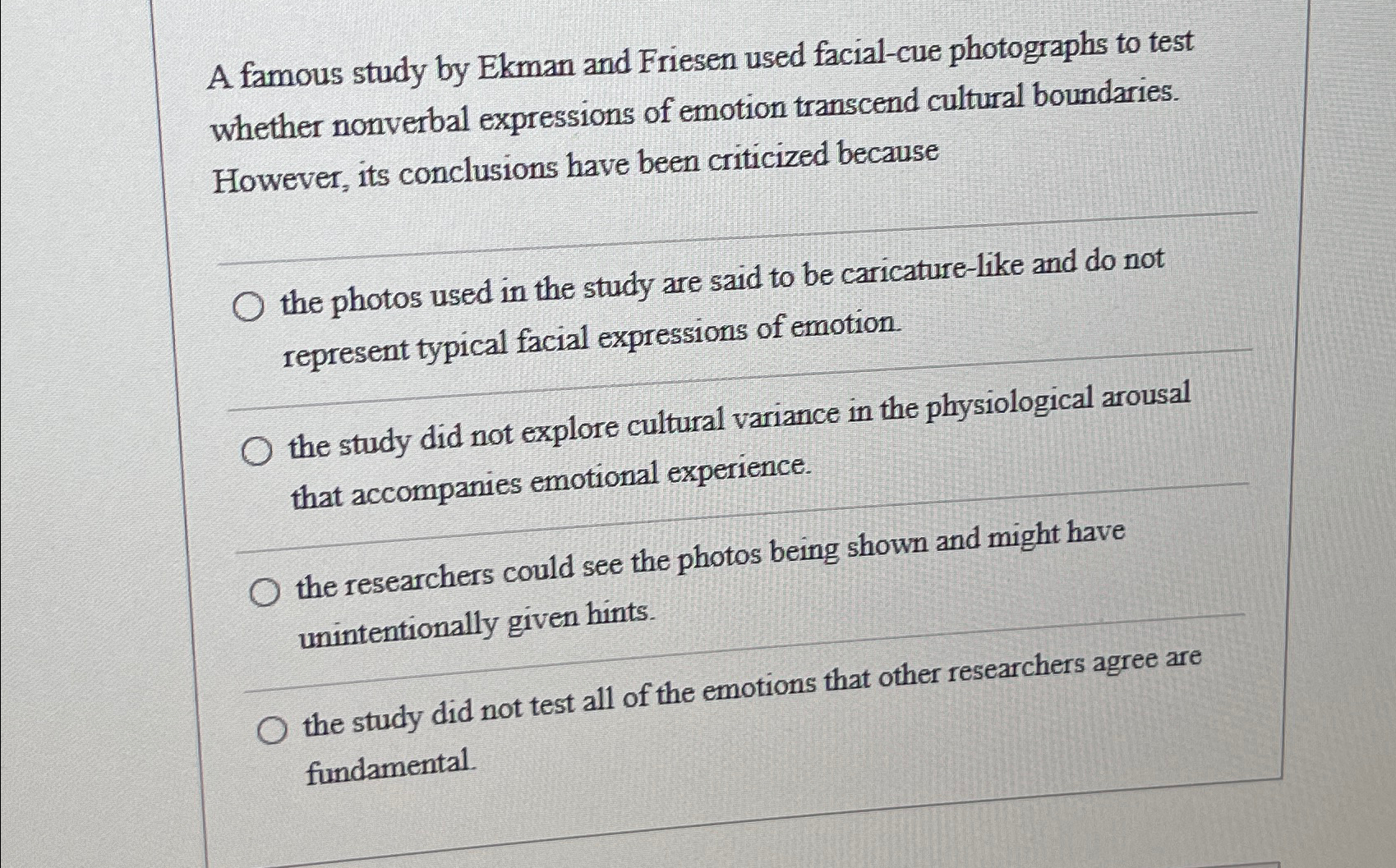 Solved A famous study by Ekman and Friesen used facial-cue | Chegg.com