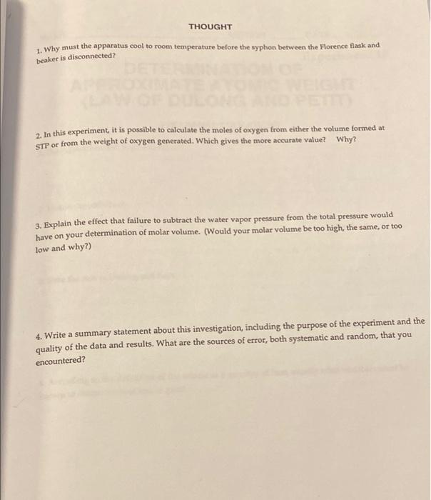 THOUGHT 1. Why must the apparatus cool to room