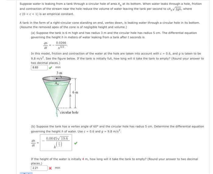 Solved Suppose water is leaking from a tank through a | Chegg.com