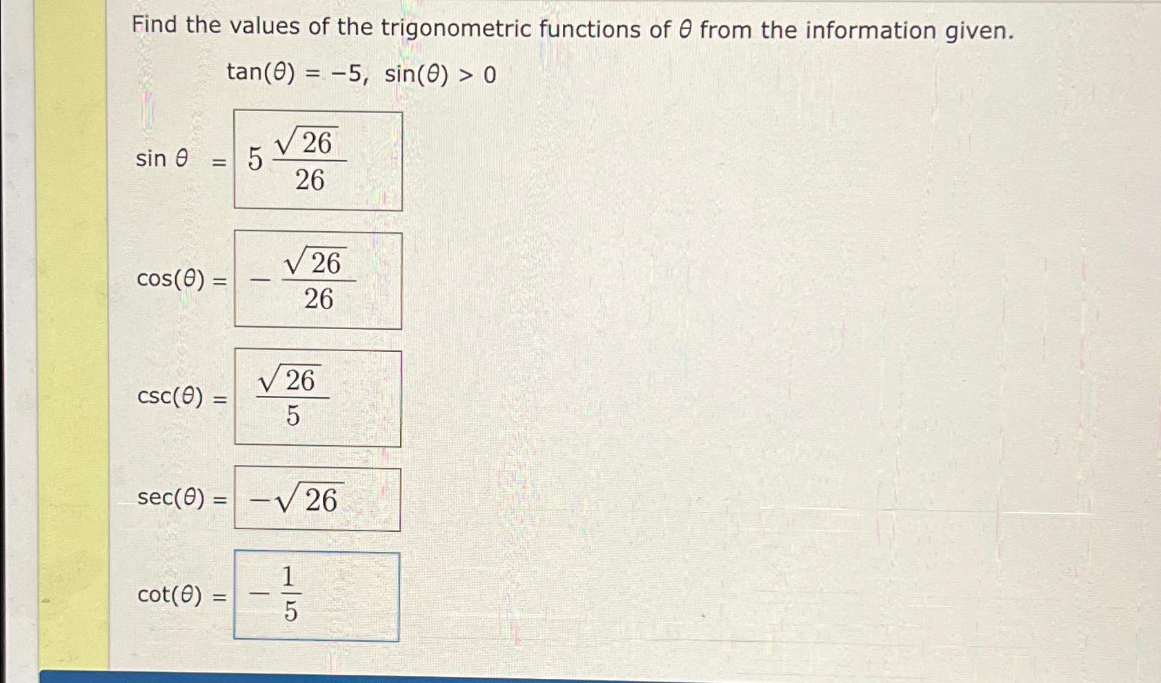 Solved Find the values of the trigonometric functions of θ | Chegg.com
