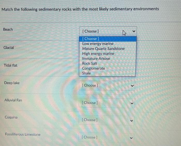 Solved Match the following sedimentary rocks with the most | Chegg.com