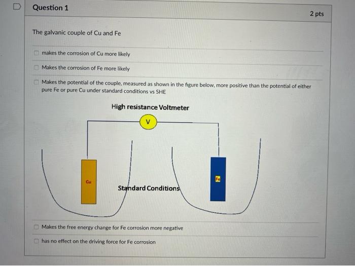 The galvanic couple of \( \mathrm{Cu} \) and \( \mathrm{Fe} \)
makes the corrosion of Cu more likely
Makes the corrosion of F