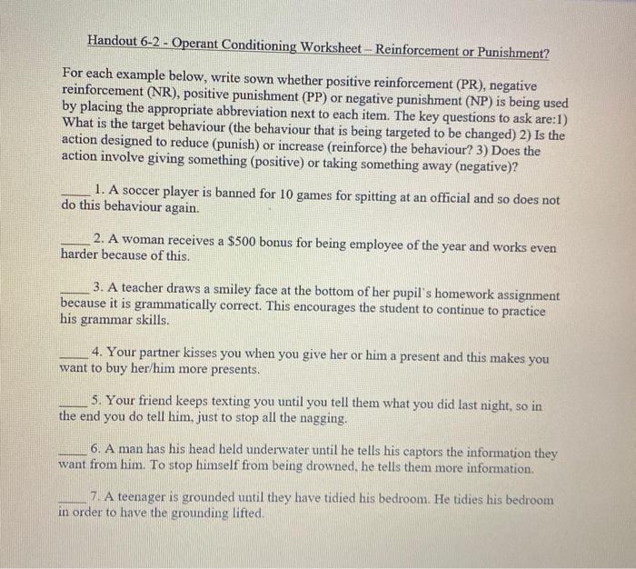 operant conditioning worksheet