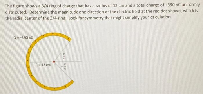 Solved The figure shows a 3/4 ring of charge that has a | Chegg.com