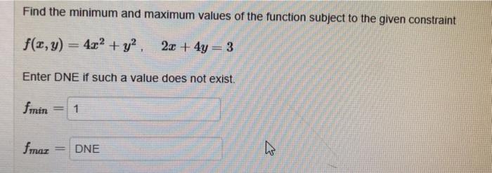 Solved Find the minimum and maximum values of the function | Chegg.com