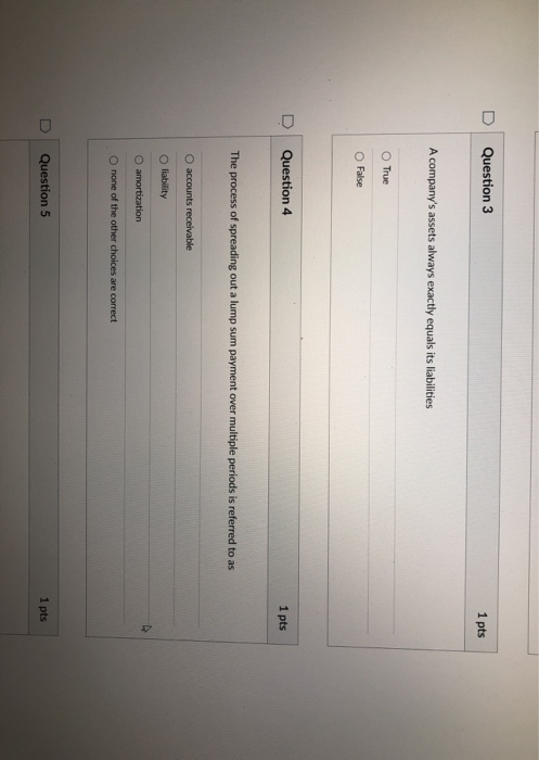 Solved Question 3 1 pts A company's assets always exactly | Chegg.com