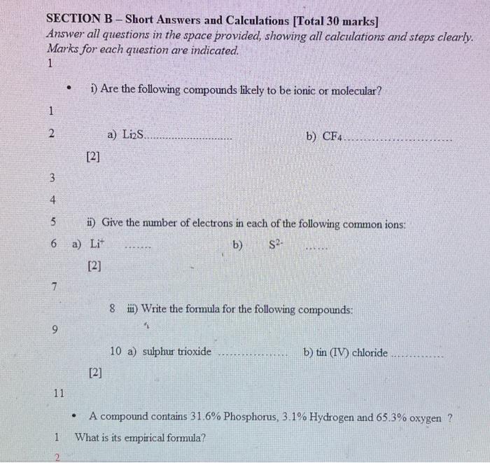 Solved SECTION B - Short Answers And Calculations [Total 30 | Chegg.com