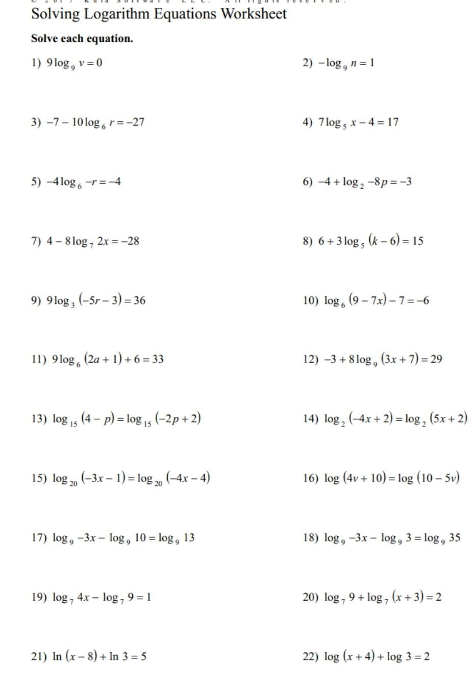 Solved Solving Logarithm Equations Worksheet Solve each | Chegg.com
