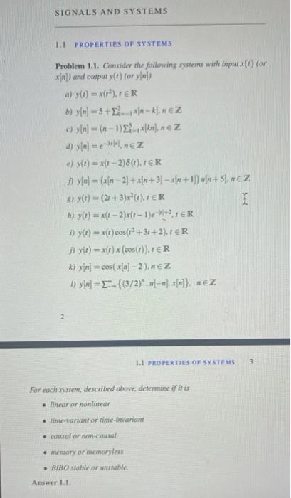 Solved SIGNALS AND SYSTEMS 1.1 PROPERTIES OF SYSTEMS Problem | Chegg.com