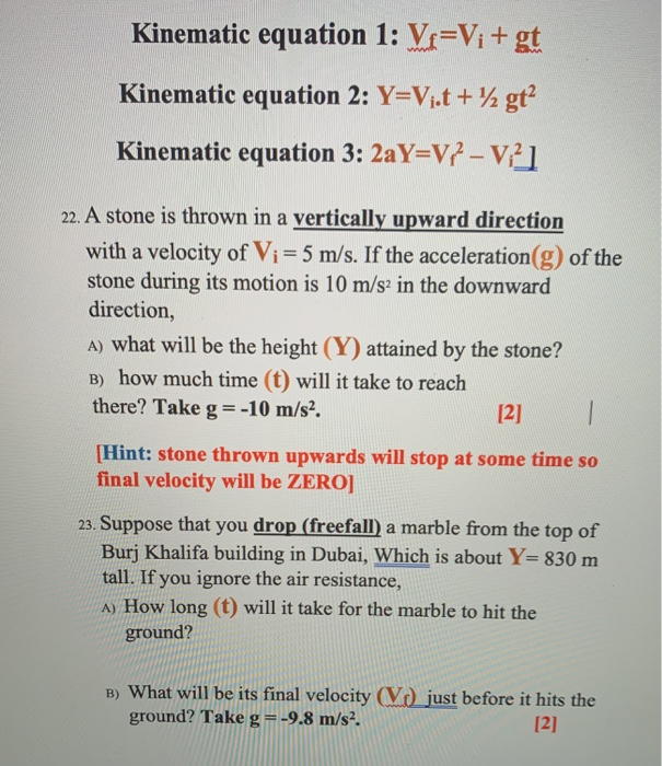 Solved Kinematic Equation 1 Vi V Gt Kinematic Equatio Chegg Com