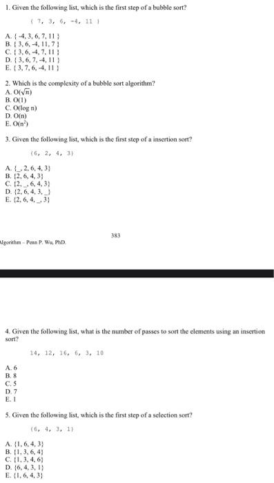 Solved 1. Given The Following List, Which Is The First Step | Chegg.com