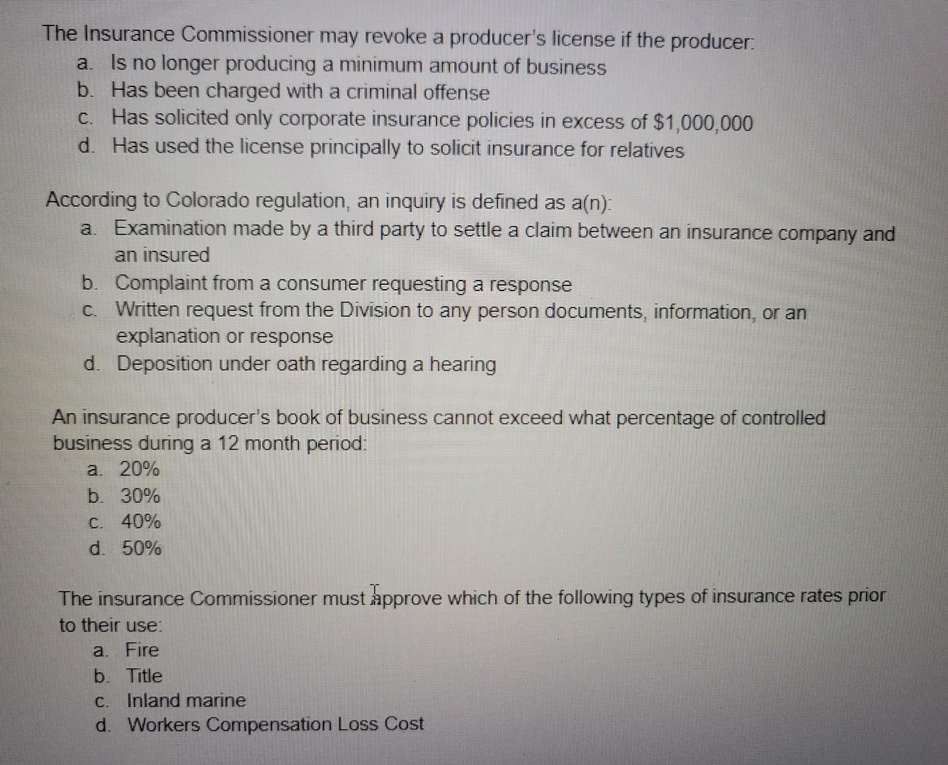 Solved The Insurance Commissioner may revoke a producer's | Chegg.com