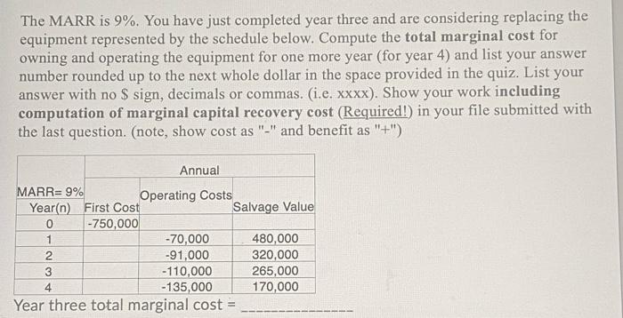 Solved The MARR is 9%. You have just completed year three | Chegg.com