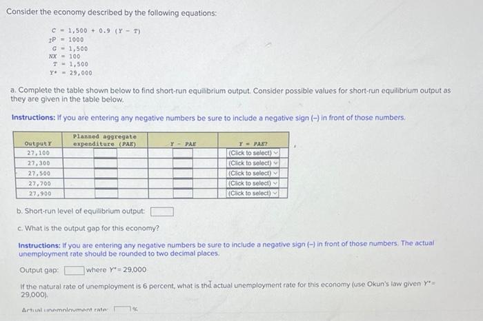 Solved Consider The Economy Described By The Following | Chegg.com